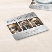 シルバエレガントー結婚の写真コラージュ日付を保存 スクエアペーパーコースター (アングル)