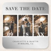 シルバエレガントー結婚の写真コラージュ日付を保存 スクエアペーパーコースター (正面)