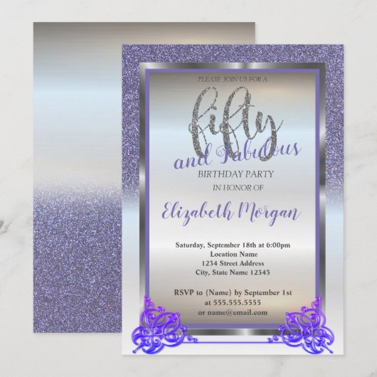 シルバエレガントー、バイオレットグリッター50th誕生日パーティー 招待状 (正面/裏面)