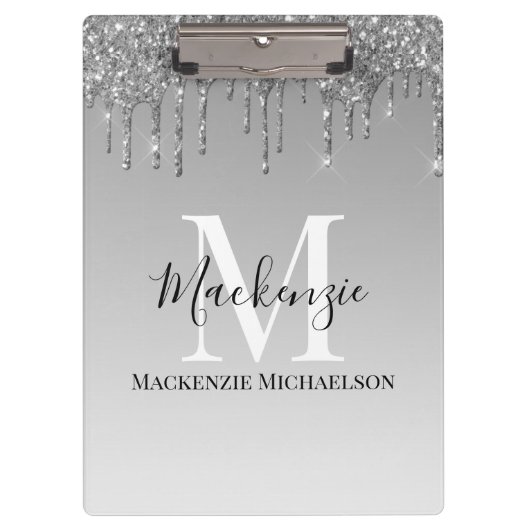 シルバガーリーーグレイグリッターモノグラム名 クリップボード (正面)
