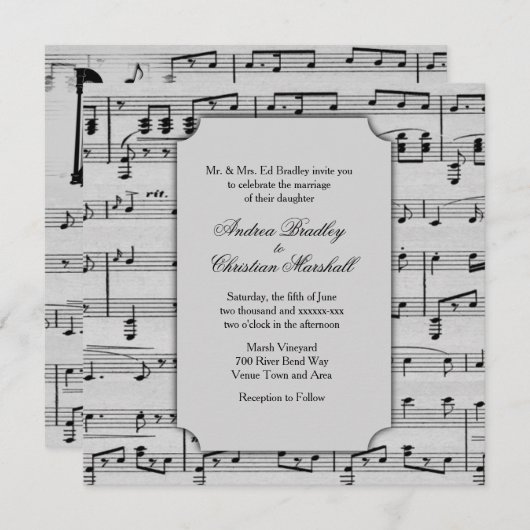 シルバクラシカルー音楽テーマ結婚式招待状 招待状 (正面/裏面)