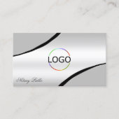 シルバスタイリッシュググレー曲線デコールラインロゴ写真 名刺 (正面)