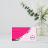 シルバスタイリッシュンドデコールとロゴ付きピンクモダン 名刺 (スタンド正面)