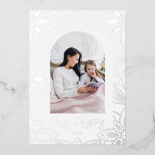 シルバスタイリッシュー植物枠2枚フォトクリスマス 箔シーズンカード (正面)