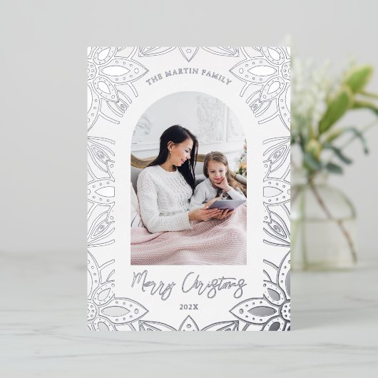 シルバスタイリッシュー植物枠2枚フォトクリスマス 箔シーズンカード (立ち正面)