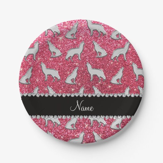 シルバパーソナライズされたウルフ明るい赤紫色ピンクグリッター ペーパープレート (正面)