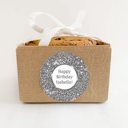 シルバフェイクーグレイグリッターカスタムハッピーバースデー ラウンドシール