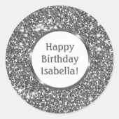 シルバフェイクーグレイグリッターカスタムハッピーバースデー ラウンドシール (正面)