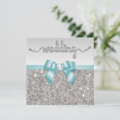 シルバフェイクーシーキンズティール（緑がかった色）ブルーボウ結婚ズ 招待状 (スタンド正面)