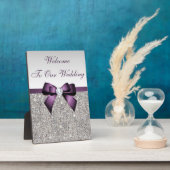 シルバフェイクーシークインダイヤモンドパープルボウ結婚ズ フォトプラーク (側面)