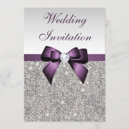 シルバフェイクーシークインダイヤモンドパープルボウ結婚ズ 招待状