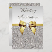 シルバフェイクーシークインダイヤモンド金ゴールドボー結婚ズ 招待状 (正面/裏面)