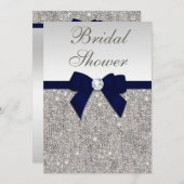 シルバフェイクーシークインネイビーボウブライダルシャワー 招待状 (正面/裏面)