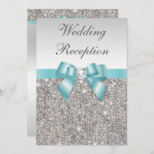 シルバフェイクーシークンズティール(緑がかった色)ボウウェディングレセプション 招待状 (正面/裏面)