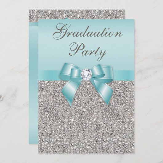 シルバフェイクー宝石ティール（緑がかった色）ボウガールズ卒業パーティー 招待状 (正面/裏面)
