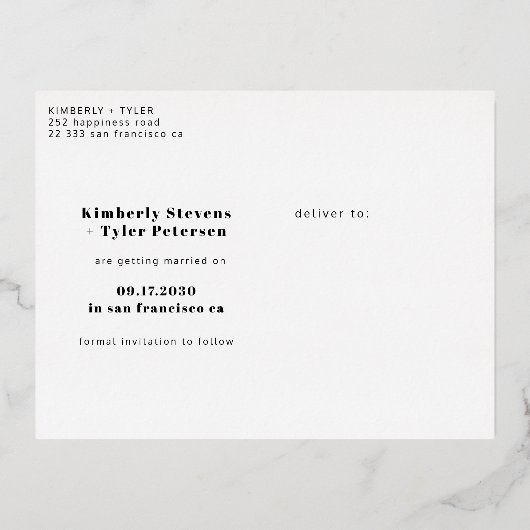 シルバモダンーの黒い写真結婚式は日付を保存 箔招待状ポストカード (裏面)