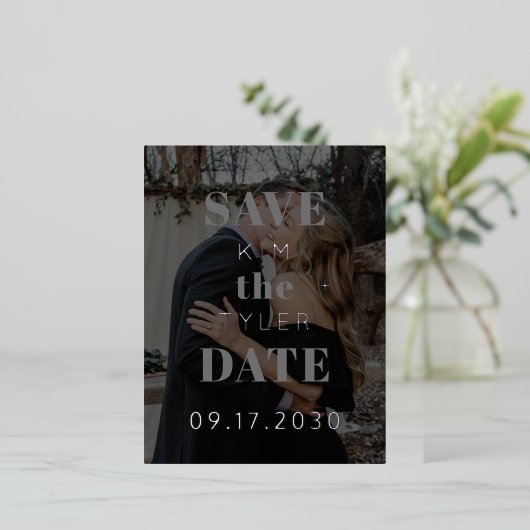 シルバモダンーの黒い写真結婚式は日付を保存 箔招待状ポストカード (立ち正面)