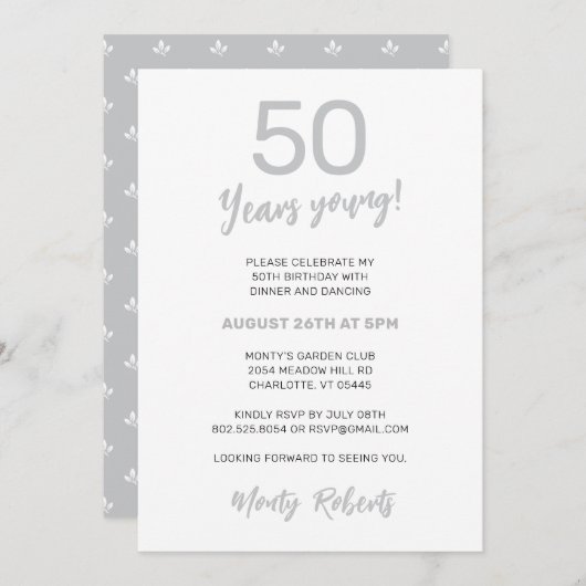 シルバモダンーグレイ男子50歳の誕生日パーティー 招待状 (正面/裏面)