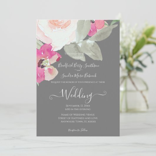 シルバモダンーグレーピンクフローラ結婚式招待状 招待状 (スタンド正面)