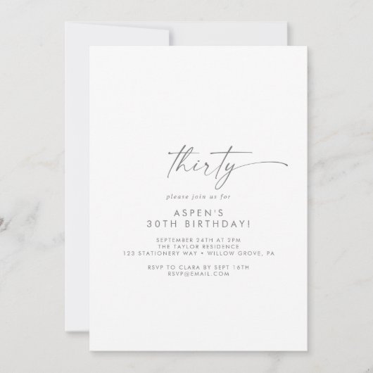 シルバモダンースクリプト30歳の誕生日パーティー 招待状 (正面)