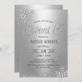 シルバモダンーススノーフレークスウィンタースウィート16誕生日 招待状 (正面/裏面)