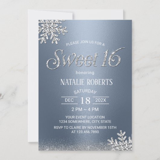 シルバモダンースノーフレークほこりっぽいブルーウィンタースウィート16 招待状 (正面)