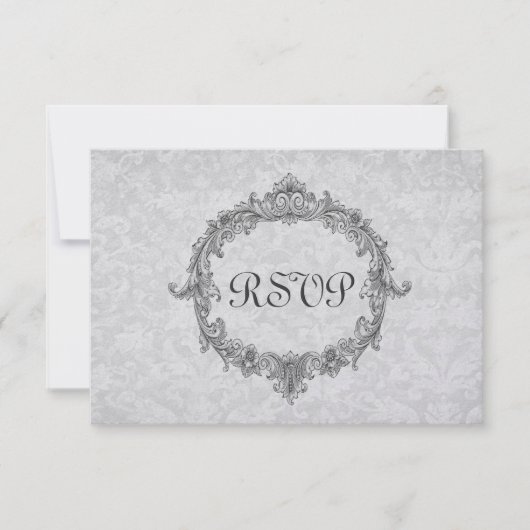 シルバーおよびグレーのダマスクRSVPの結婚応答カード 出欠カード (正面)
