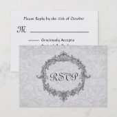 シルバーおよびグレーのダマスクRSVPの結婚応答カード 出欠カード (正面/裏面)