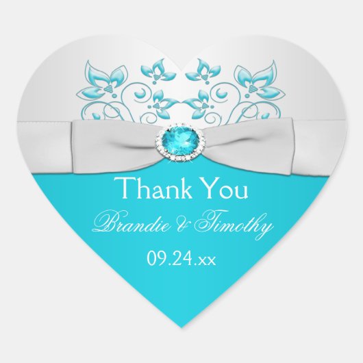 シルバーおよびターコイズフローラ結婚式の引き出物シール ハートシール (正面)