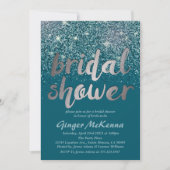 シルバーおよびティール(緑がかった色)グリッターブライダルシャワー招待状 招待状 (正面)