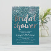 シルバーおよびティール(緑がかった色)グリッターブライダルシャワー招待状 招待状 (スタンド正面)