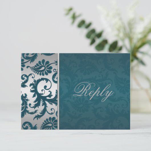 シルバーおよびティール(緑がかった色)ダマスクIIリプライ・カード 出欠カード (スタンド正面)