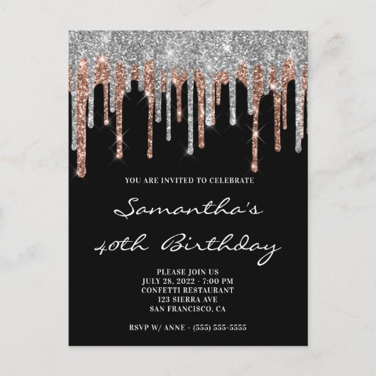 シルバーおよびバラ金ゴールドグリッタードリップスブラック誕生日 ポストカード (正面)