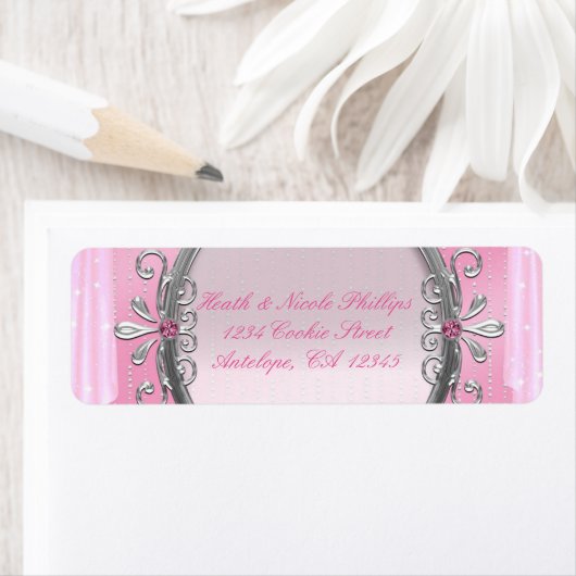 シルバーおよびピンクフレファンシーームのパーティー住所 シール (インサイチュ)