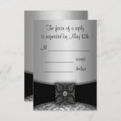 シルバーおよびブラックのダマスクRSVPカード 出欠カード (正面/裏面)