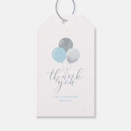 シルバーおよびブルーのバルーン |パーティーありがとうメッセージカード ギフトタグ (正面)