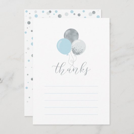 シルバーおよびブルーのバルーン |パーティー感謝状 サンキューカード (正面/裏面)