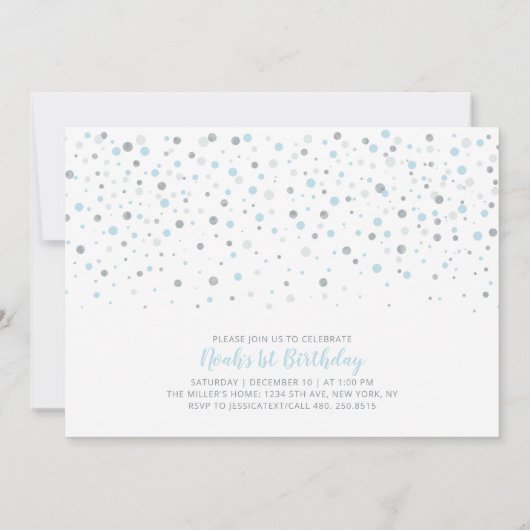 シルバーおよびブルーのバルーン |男の子1歳の誕生日パーティー 招待状 (裏面)