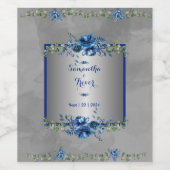 シルバーおよびブルーのメタリック花びら ワインラベル (シングルラベル)