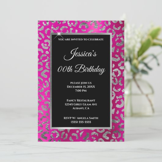 シルバーおよびホットピンクヒョウ箔誕生日 招待状 (スタンド正面)
