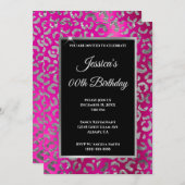 シルバーおよびホットピンクヒョウ箔誕生日 招待状 (正面/裏面)