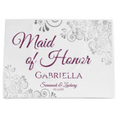 シルバーおよびマゼンタのメイド・オブ・オーナー（花嫁付き添い人）結婚の ラージペーパーバッグ (正面)