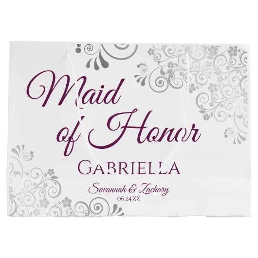 シルバーおよびマゼンタのメイド・オブ・オーナー（花嫁付き添い人）結婚の ラージペーパーバッグ (裏面)