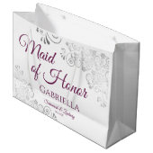 シルバーおよびマゼンタのメイド・オブ・オーナー（花嫁付き添い人）結婚の ラージペーパーバッグ (正面アングル)