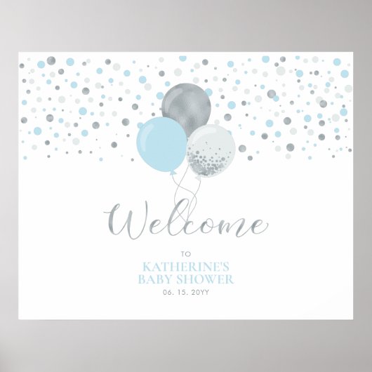 シルバーおよびライトブルーのバルーン |赤ちゃんシャワーへようこそ ポスター (正面)