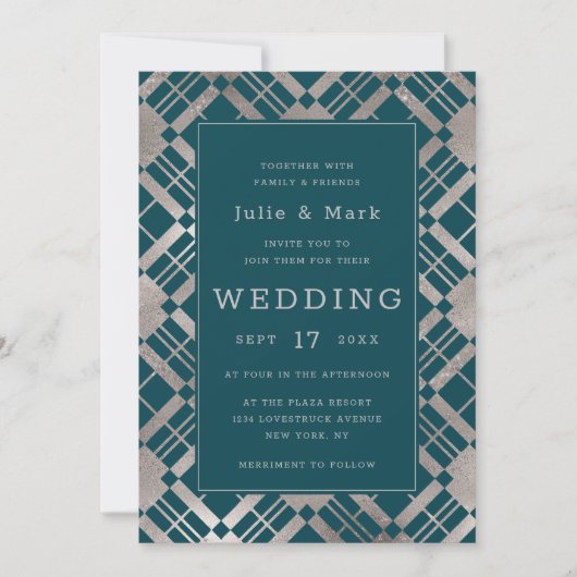 シルバーおよび任意の色の素朴背景の結婚プレイド 招待状 (正面)