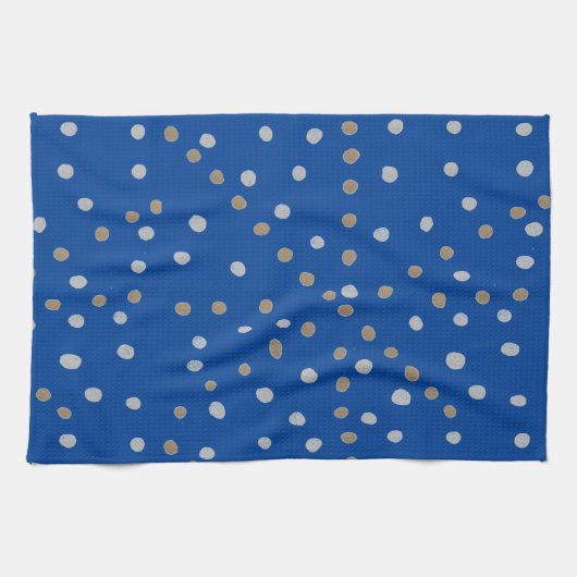 シルバーおよび金ゴールド水玉模様オンブルー キッチンタオル (横)