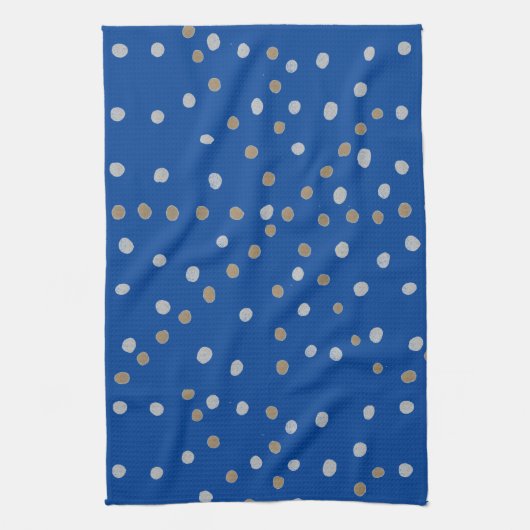 シルバーおよび金ゴールド水玉模様オンブルー キッチンタオル (縦)