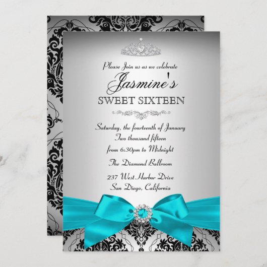 シルバーかわいらし&ティール（緑がかった色）ダマスクスウィート16招待状 招待状 (正面/裏面)