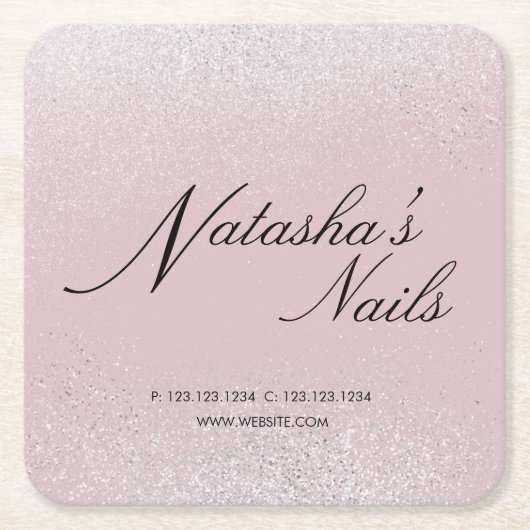 シルバーきらめくダストアンドピンク スクエアペーパーコースター (正面)